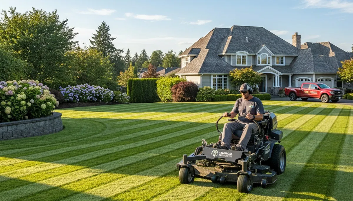 Commercial mower creating precise striped lawn patterns during professional mowing in Tacoma, WA