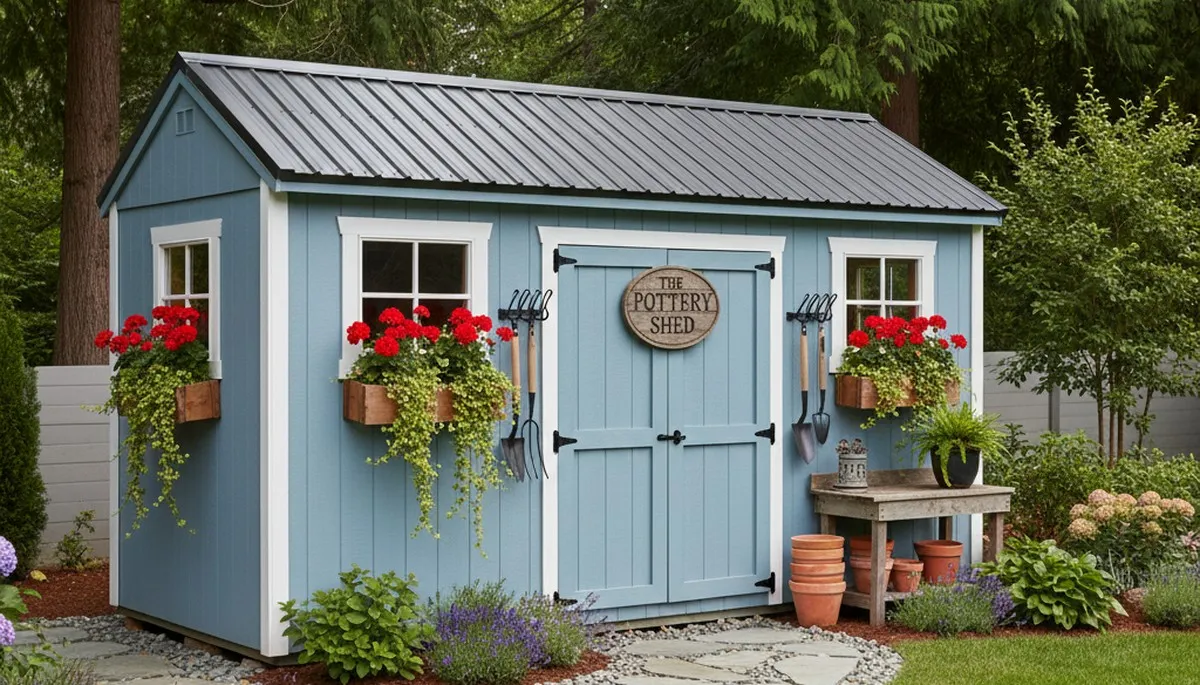 Decorative garden shed installation with landscape design by Chop Chop Landscaping in Tacoma, WA