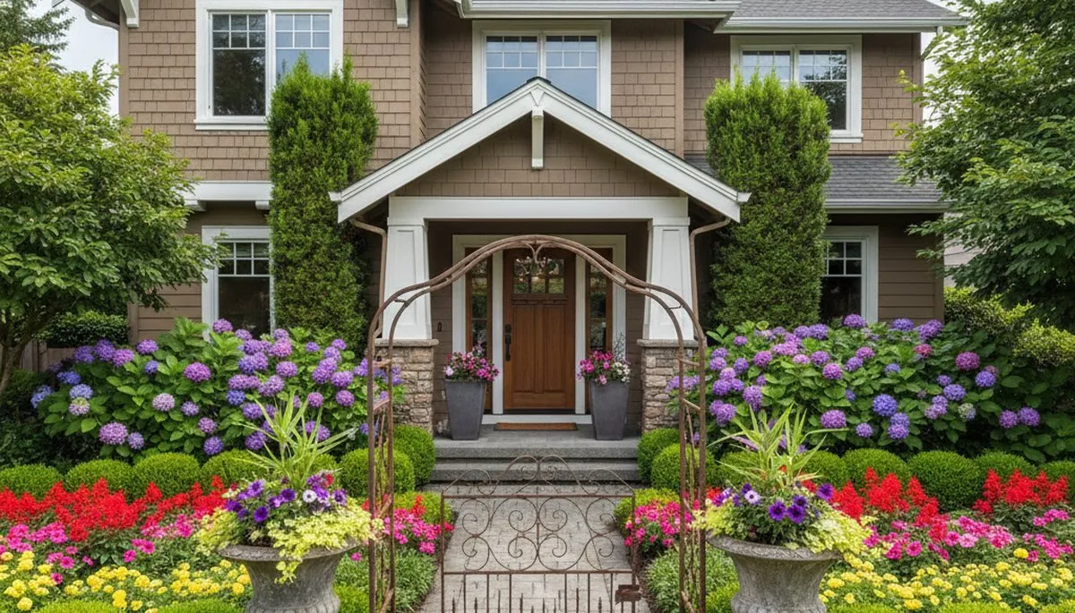 Professional front yard landscaping with colorful plants and shrubs in Tacoma, WA