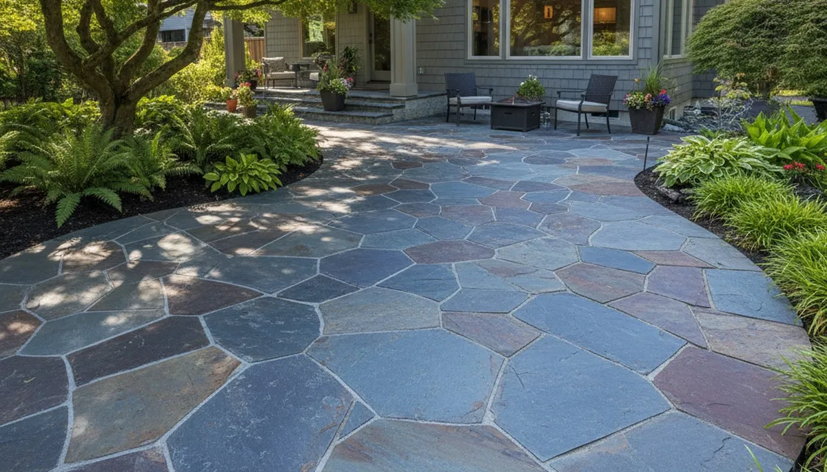 Large format stone slab patio installation by professional landscapers in Tacoma, WA